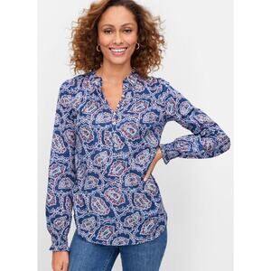 Talbots Blue Red Paisley Long Sleeve Ruffle Trim Collar Popover Blouse Large